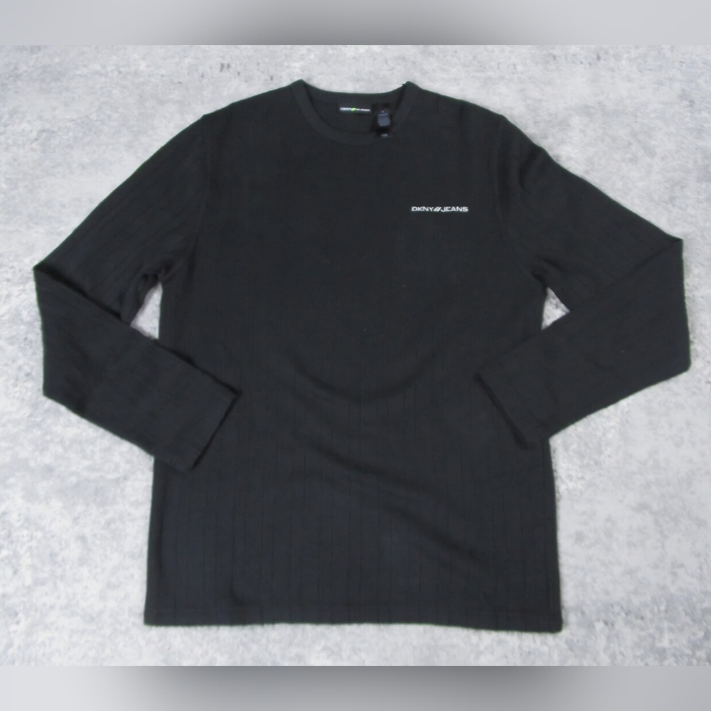 DKNY Sweater Mens XL Jeans Black Striped Crew Neck Round Sleeve Spellout